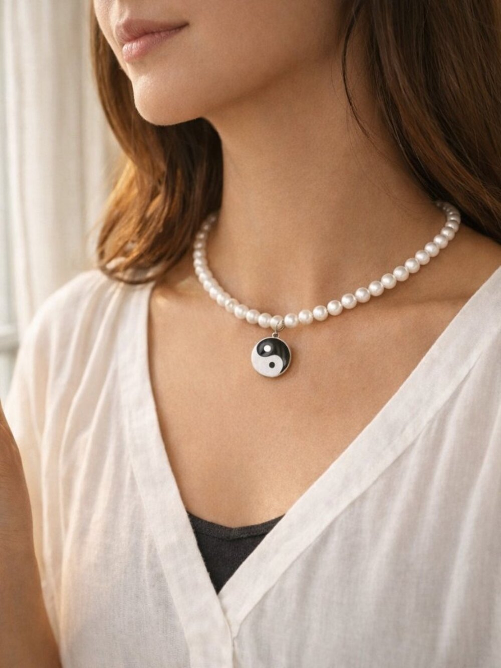 Yin Yang Enamel Pendant Necklace with 8mm Faux Pearls and Extender Chain